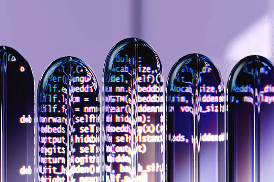 Abstract 3D rendering of transparent glass capsules displaying glowing lines of computer code against a purple background.